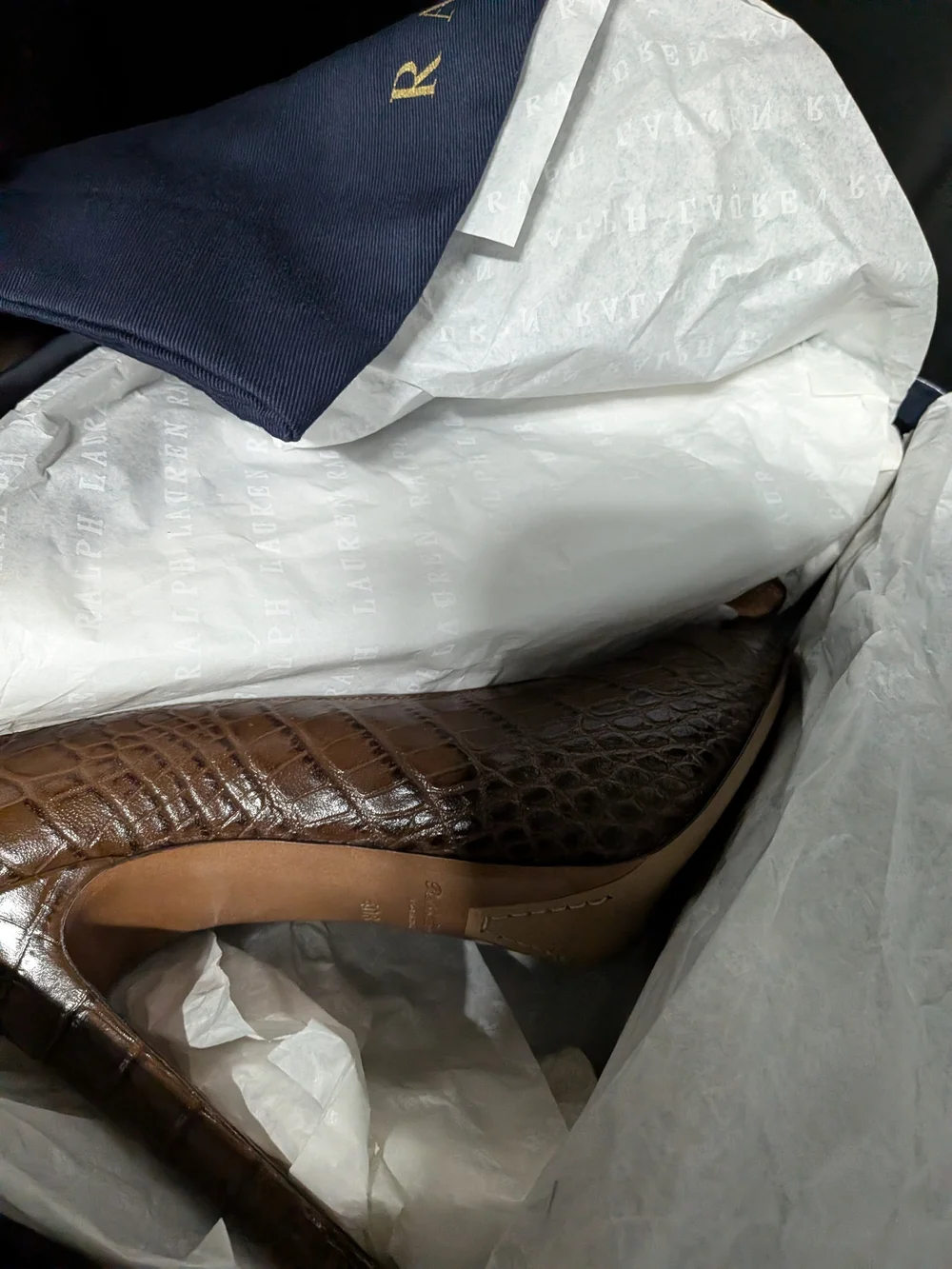 Ralph Lauren Croc-Embossed Brown Leather High Heels - Picture 4 of 4